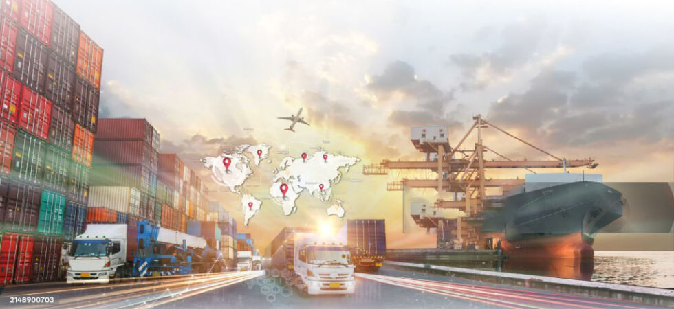 World map with logistic network distribution on background. Logistic and transport concept in front Logistics Industrial Container Cargo freight ship for Concept of fast or instant shipping, Online goods orders worldwide